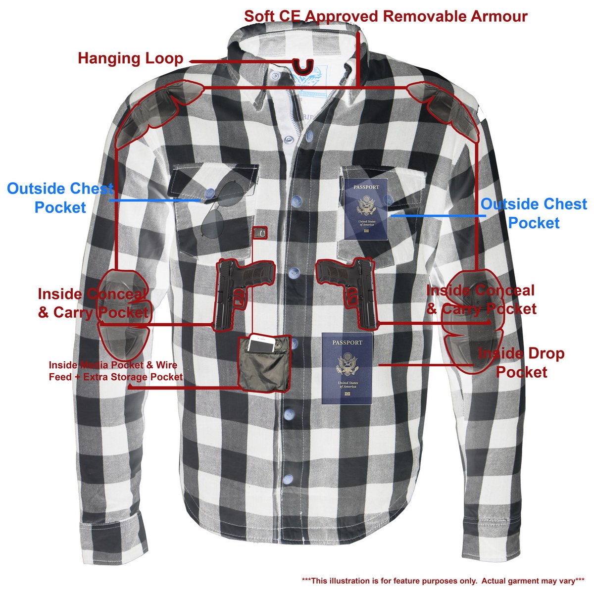 Milwaukee Leather MPM1633 Men's Plaid Flannel Biker Shirt with CE Approved Armor - Reinforced w/ Aramid Fiber