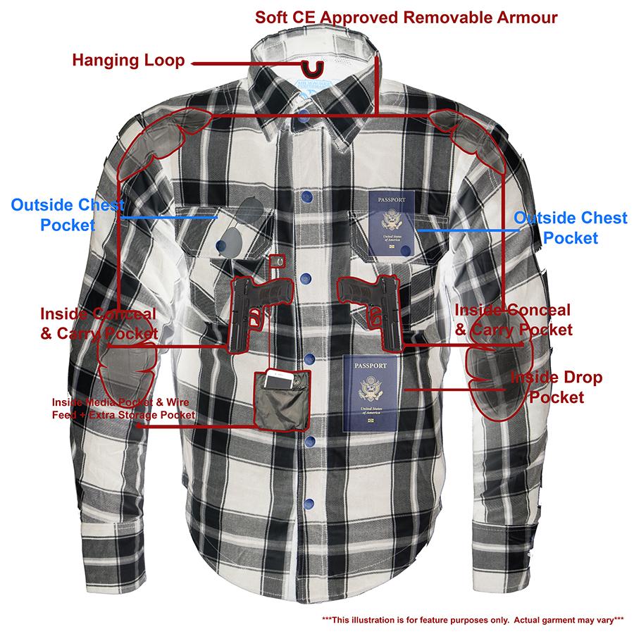 Milwaukee Leather MPM1644 Men's Plaid Flannel Biker Shirt with CE Approved Armor - Reinforced w/ Aramid Fiber