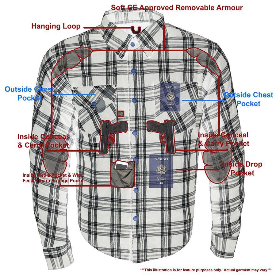 Milwaukee Leather MPM1646 Men's Plaid Flannel Biker Shirt with CE Approved Armor - Reinforced w/ Aramid Fiber