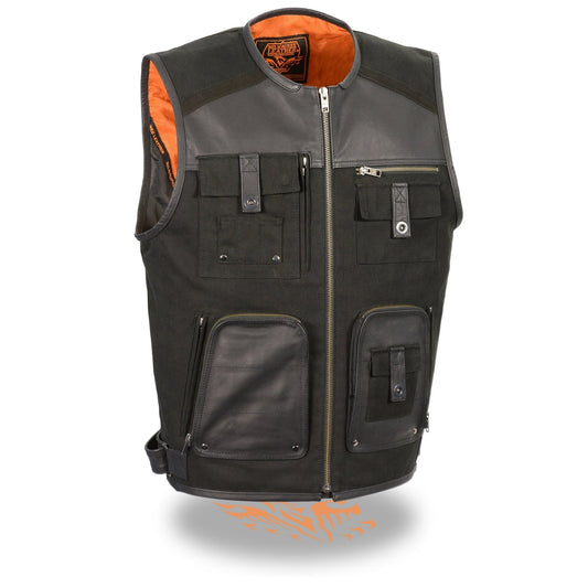 Milwaukee Leather MPM3310 Men's 'Super Utility' Black Leather and Canvas Multi-Pocket Vest