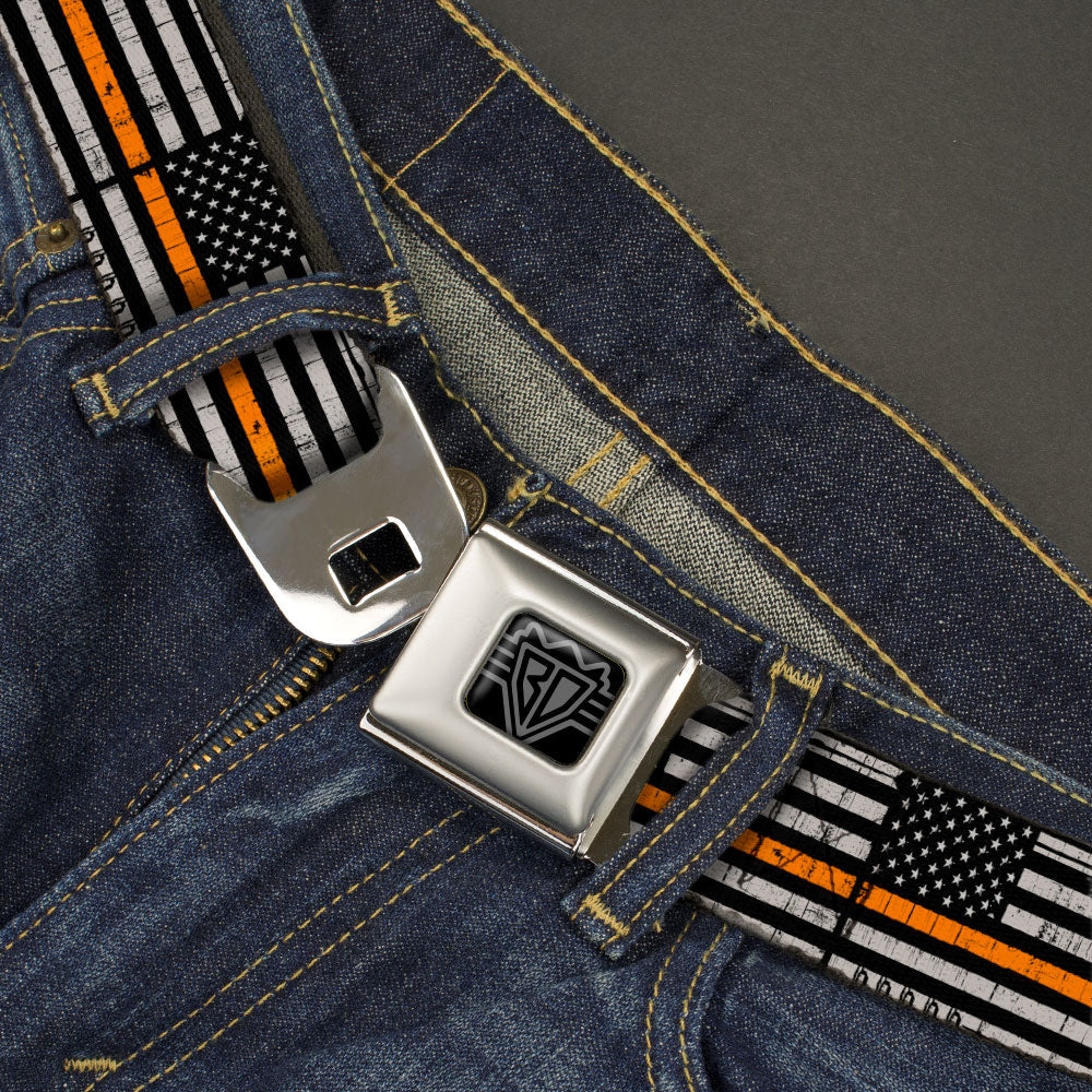 BD Wings Logo CLOSE-UP Black/Silver Seatbelt Belt - Thin Orange Line Flag Weathered Black/Gray/Orange Webbing