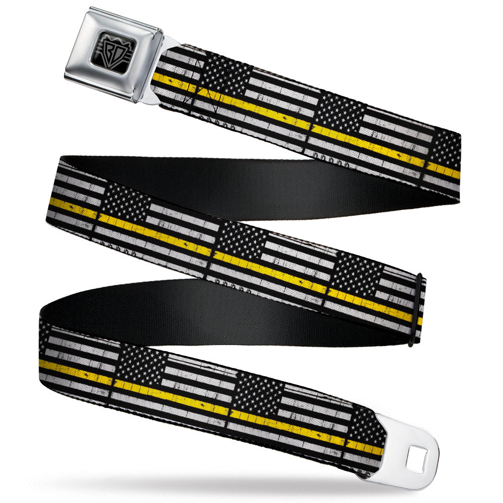 BD Wings Logo CLOSE-UP Black/Silver Seatbelt Belt - Thin Yellow Line Flag Weathered Black/Gray/Yellow Webbing