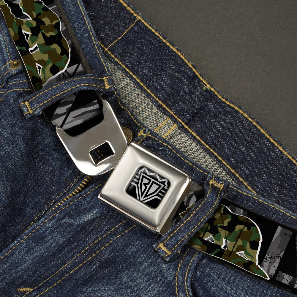 BD Wings Logo CLOSE-UP Full Color Black Silver Seatbelt Belt - CALIFORNIA/Flag Bear Black/Camo Gray/Camo Olive Webbing