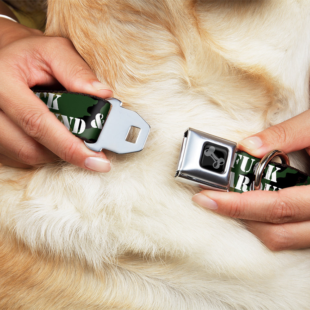 Dog Bone Black/Silver Seatbelt Buckle Collar - FAFO FUCK AROUND & FIND OUT Stencil Camo/White