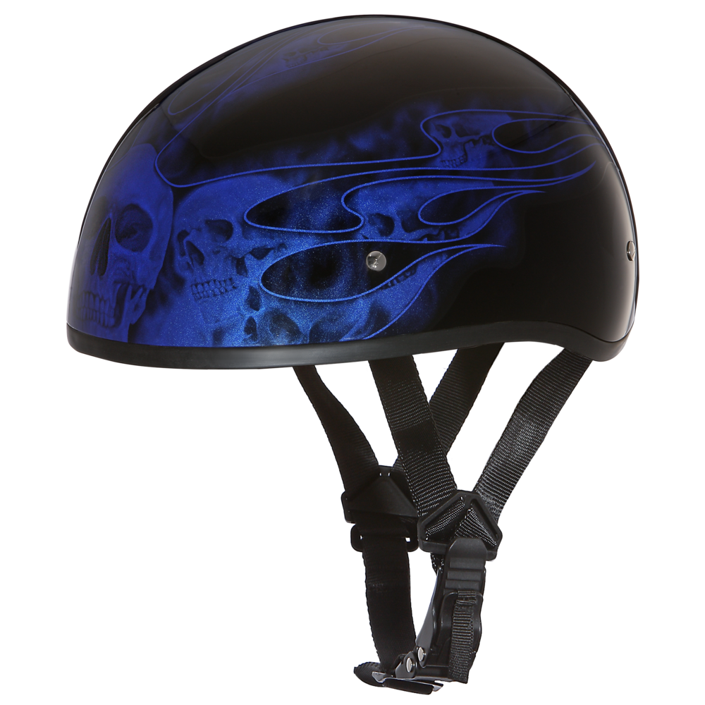 DOT Approved Daytona Motorcycle Half Face Helmet - Skull Cap Graphics for Men & Women, Scooters, ATVs, UTVs & Choppers - W/ Skull Flames Blue