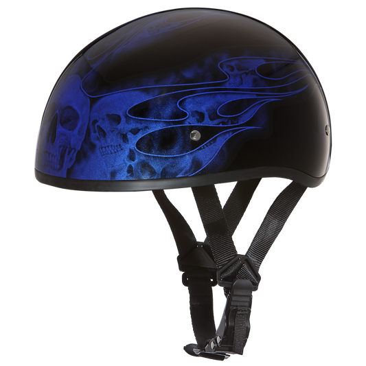 DOT Approved Daytona Motorcycle Half Face Helmet - Skull Cap Graphics for Men & Women, Scooters, ATVs, UTVs & Choppers - W/ Skull Flames Blue