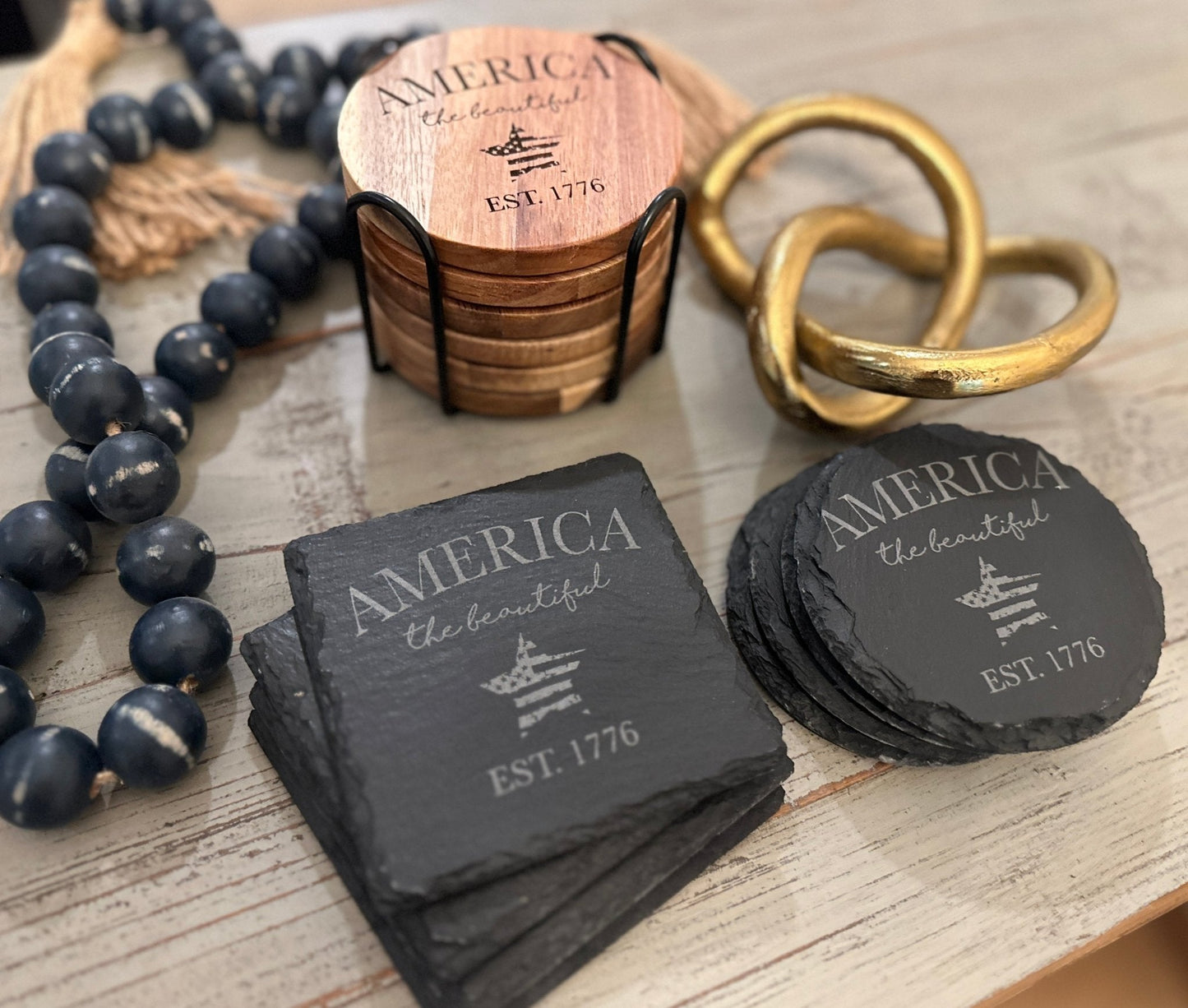 Patriotic American Themed Coaster Set | Slate, Wood or Cork | 4 of July Coasters