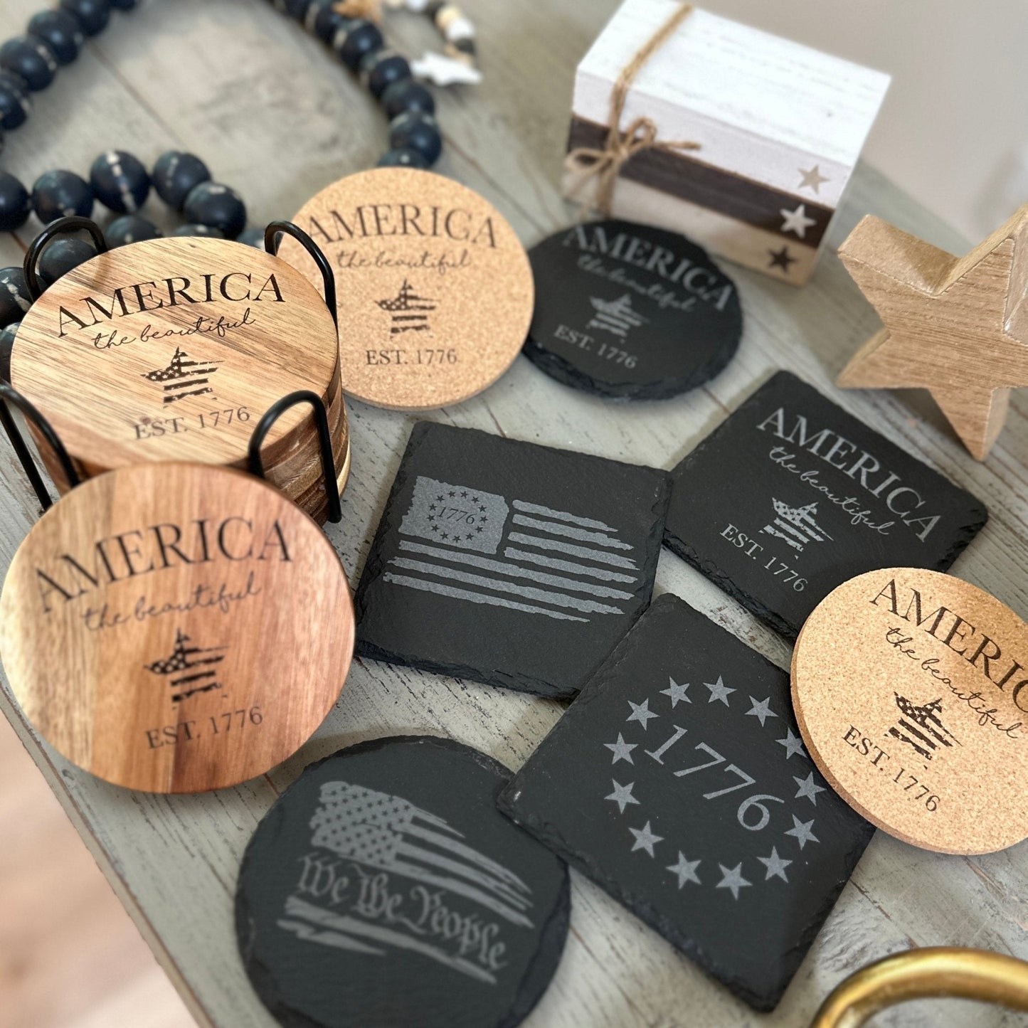 Patriotic American Themed Coaster Set | Slate, Wood or Cork | 4 of July Coasters