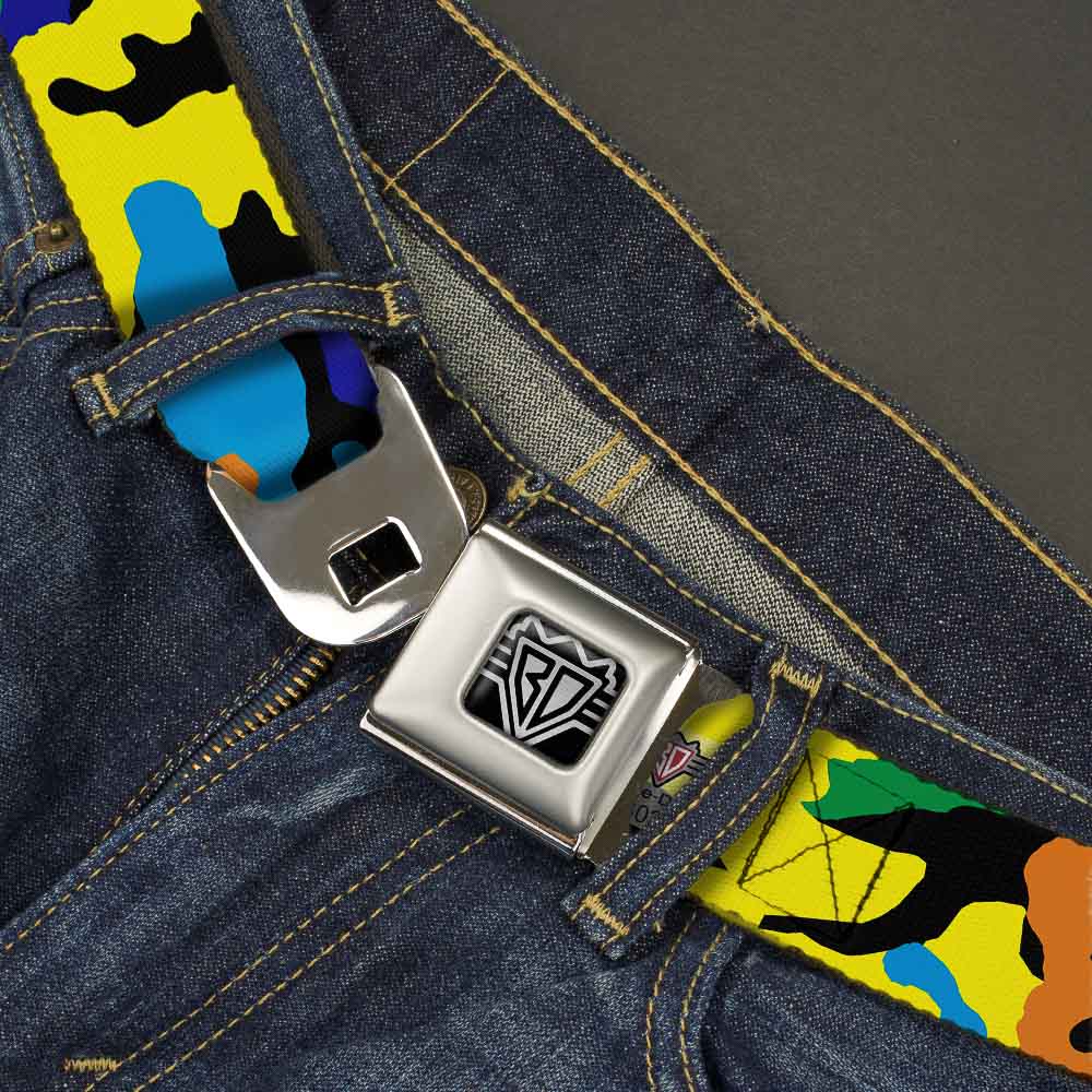 BD Wings Logo CLOSE-UP Full Color Black Silver Seatbelt Belt - Camo Multi Neon Webbing