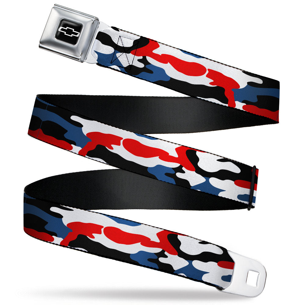 Chevy Bowtie Full Color Black/White Seatbelt Belt - Chevy Americana Camo Red/White/Blue/Black Webbing