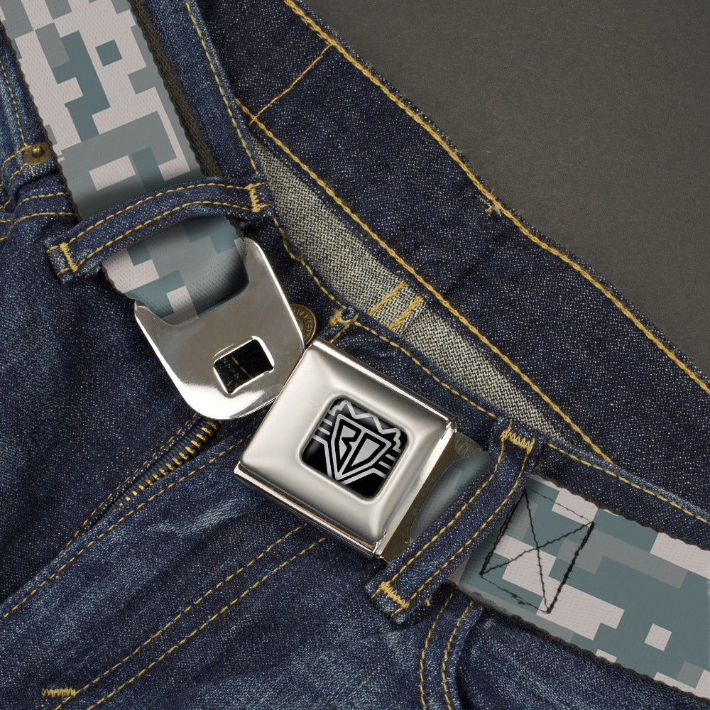 BD Wings Logo CLOSE-UP Full Color Black Silver Seatbelt Belt - Digital Camo2 Grays Webbing