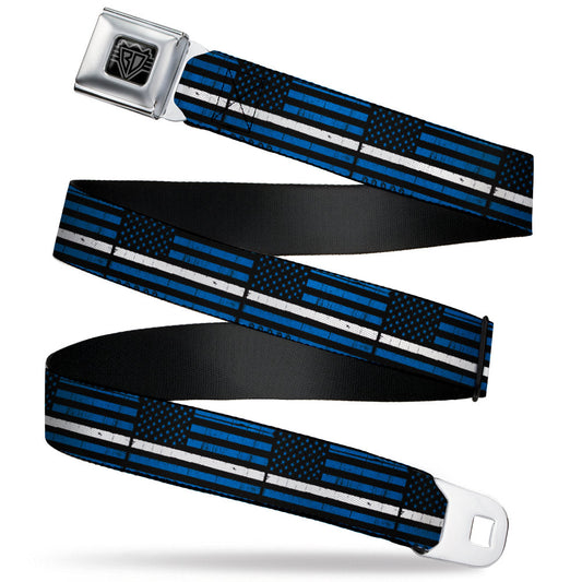 BD Wings Logo CLOSE-UP Black/Silver Seatbelt Belt - Thin White Line Flag Weathered Black/Blue/White Webbing