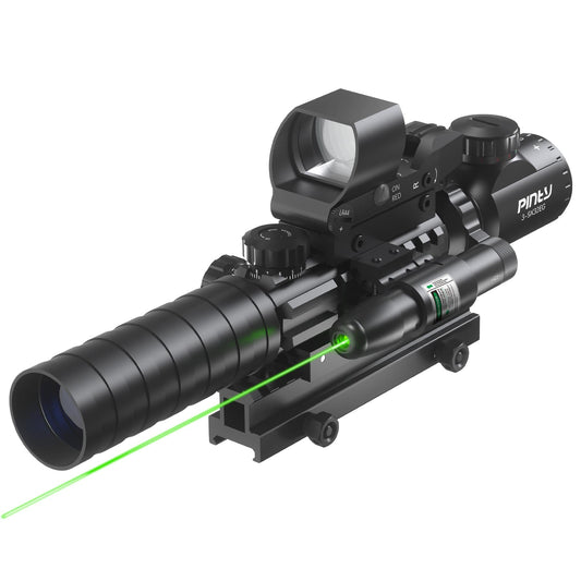 3-in-1 Rifle Scope Combo, 3-9x32 Rangefinder Scope, Red & Green Dot Sight, Green Laser, 14 Slots Riser