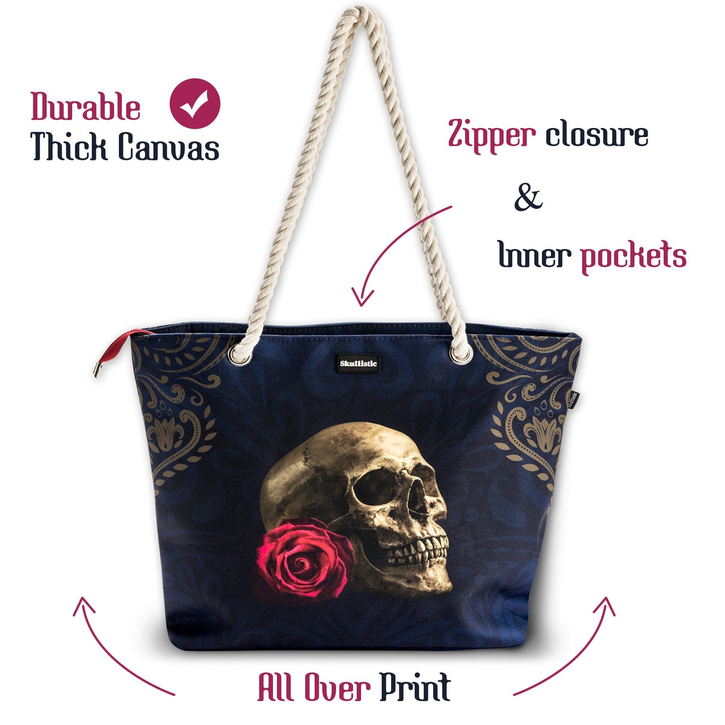 Rose Skull Navy Shoulder Beach Bag