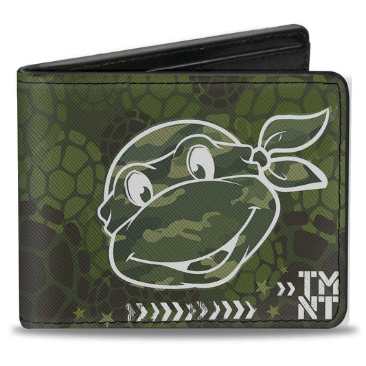 Bi-Fold Wallet - Classic Turtle Face CLOSE-UP Outline TMNT Turtle Shell Camo Olive White