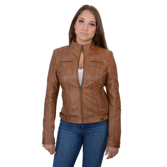 Milwaukee Leather SFL2800 Women's 'Racer' Whiskey Stand Up Collar Motorcycle Fashion Leather Jacket