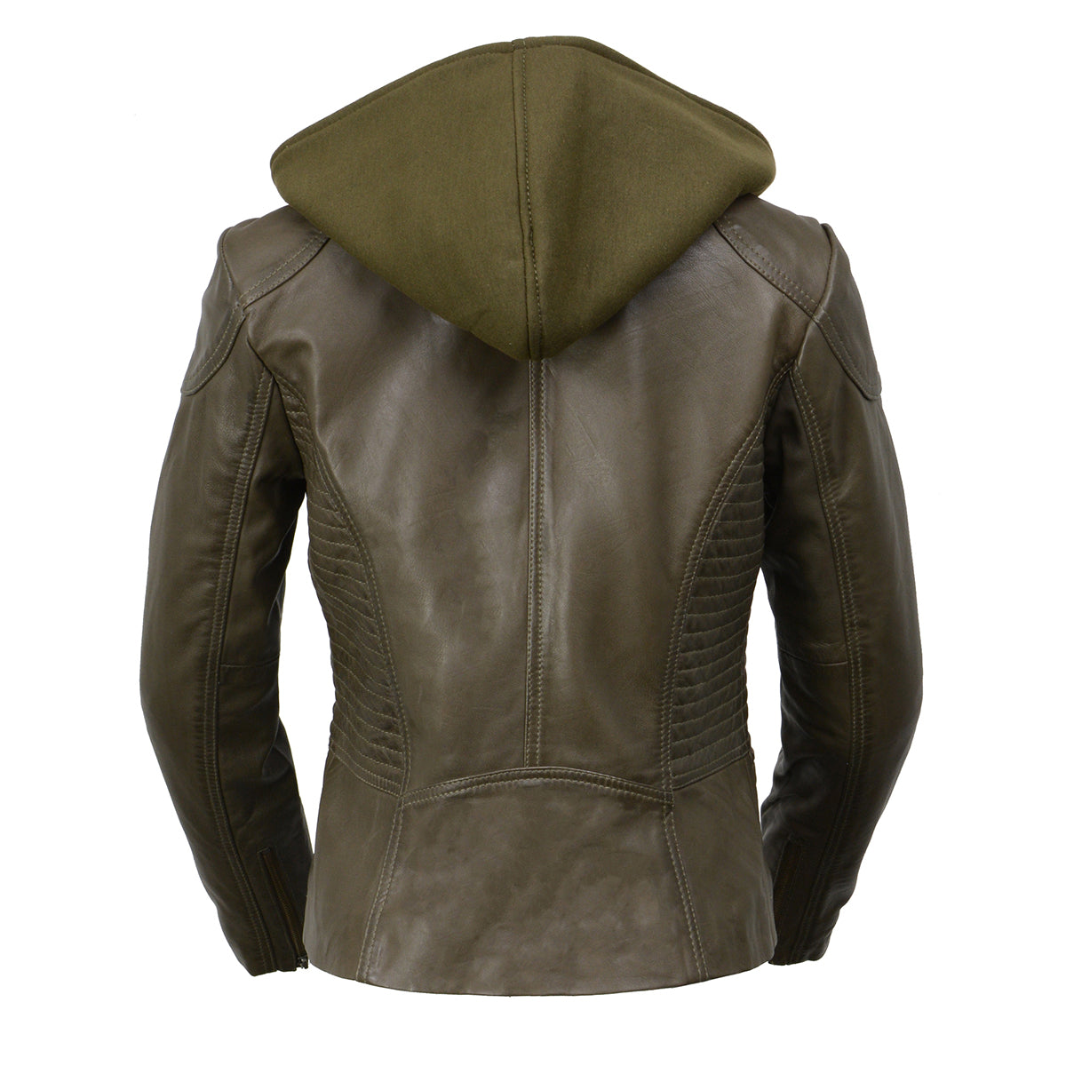 Milwaukee Leather SFL2815 Womens Olive Motorcycle Style Leather Jacket with Hoodie and Asymmetrical Zipper