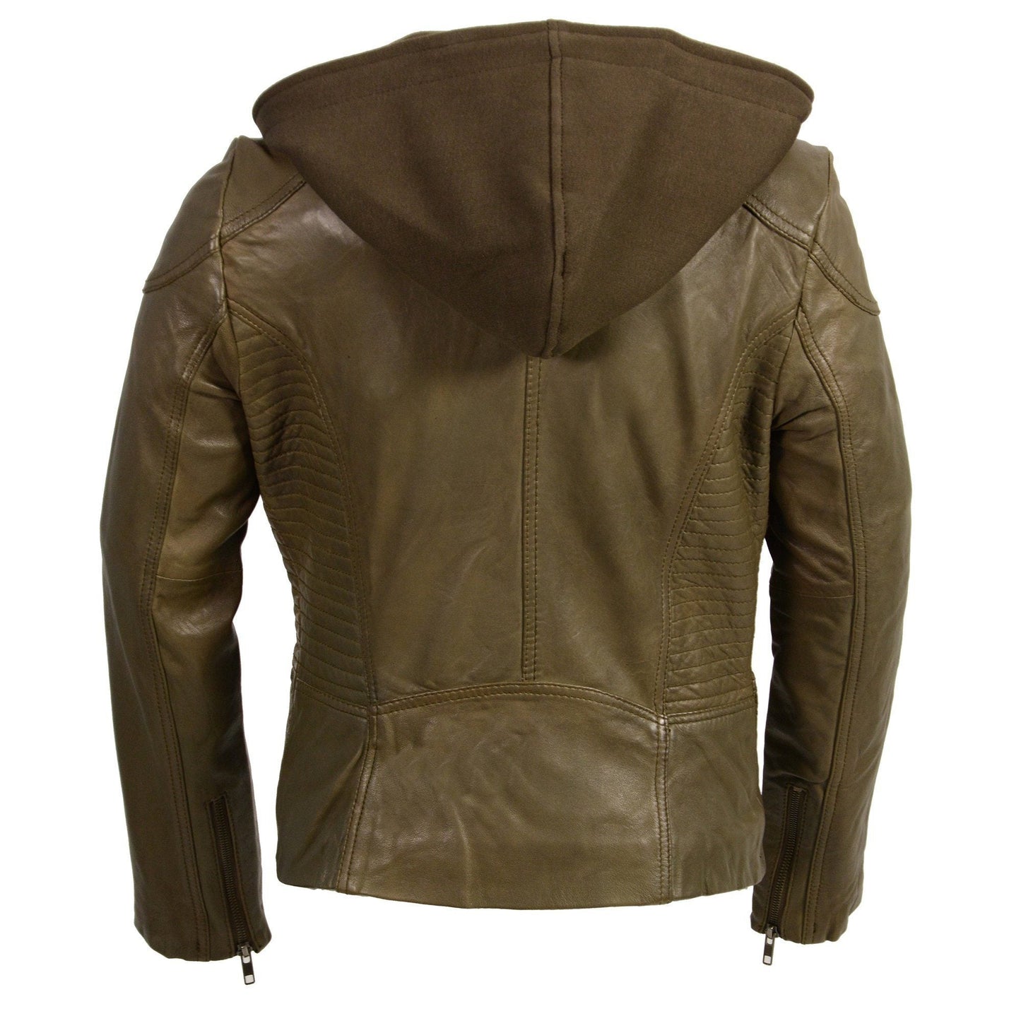 Milwaukee Leather SFL2815 Womens Olive Motorcycle Style Leather Jacket with Hoodie and Asymmetrical Zipper