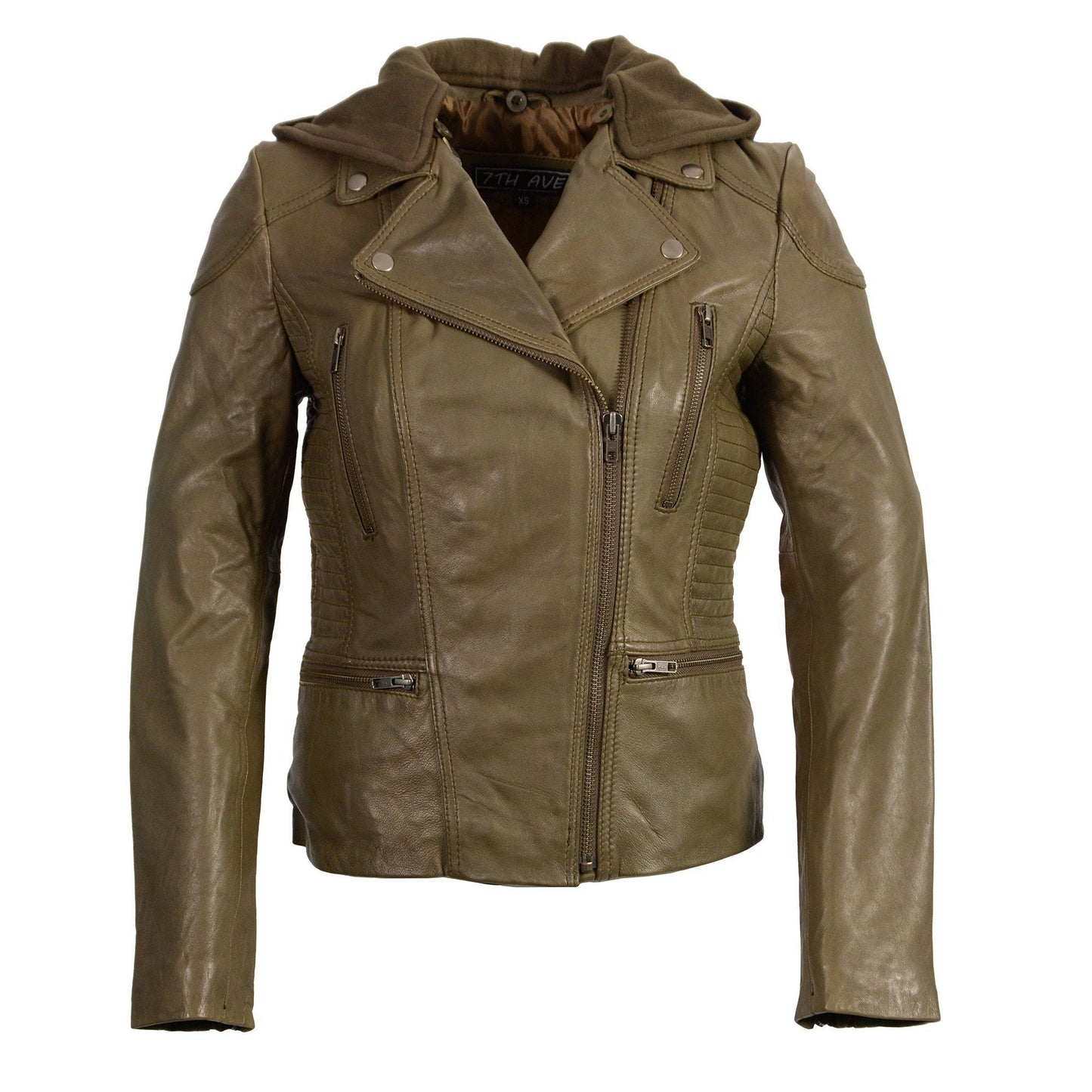 Milwaukee Leather SFL2815 Womens Olive Motorcycle Style Leather Jacket with Hoodie and Asymmetrical Zipper