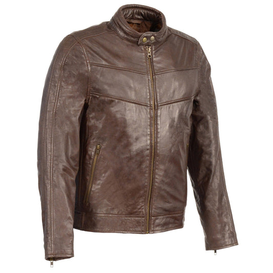 Milwaukee Leather SFM1835 Men's Brown ‘Cafe Racer’ Leather Jacket with Snap Button Collar