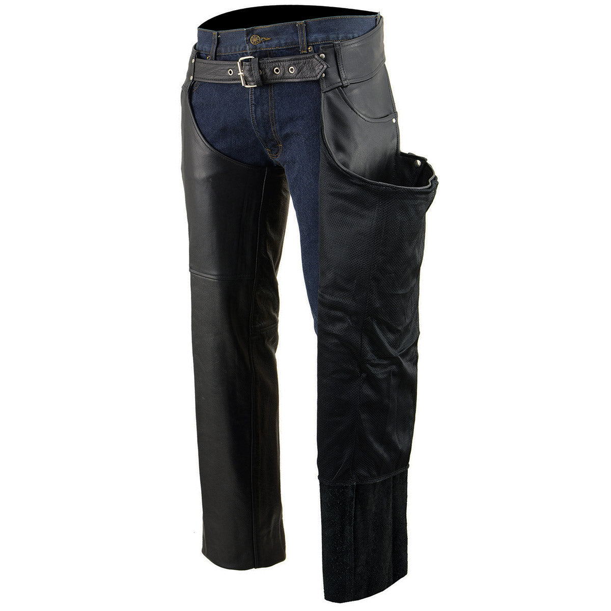 Milwaukee Leather Chaps for Men's Black Premium Leather- Classic Jean Style Pockets Motorcycle Riders Chap - SH1101