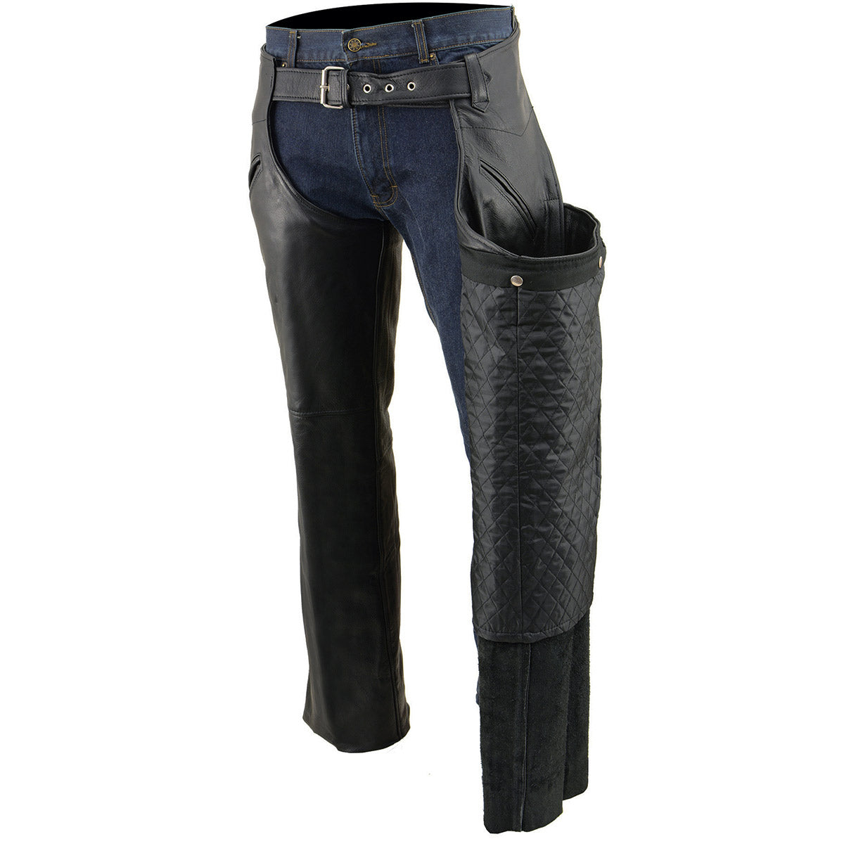 Milwaukee Leather Chaps for Men's Black Leather Slash Pocket- Snap Out Thermal Lined Motorcycle Riders Chap- SH1103