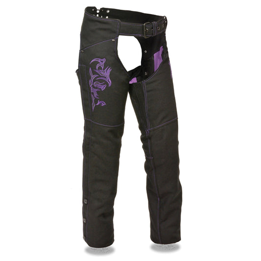 Milwaukee Leather SH1182 Women's Black with Purple Textile Motorcycle Riding Chaps with Tribal Embroidery