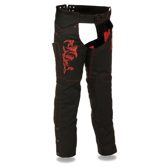 Milwaukee Leather SH1182 Women's Black with Red Textile Motorcycle Riding Chaps with Tribal Embroidery