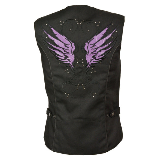 Milwaukee Leather MPL1955 Ladies 'Winged Embroidery' Black and Purple Textile Vest