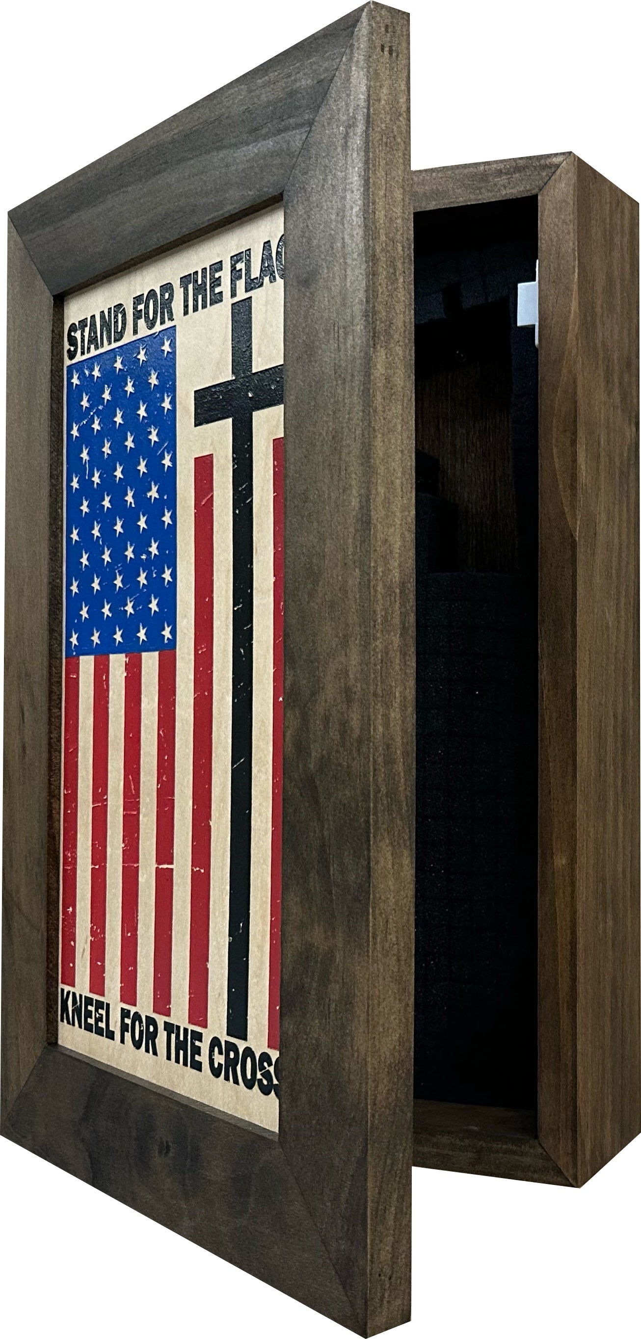 American Flag Hidden Gun Storage Cabinet - Stand For The Flag, Kneel For The Cross Concealed Gun Storage