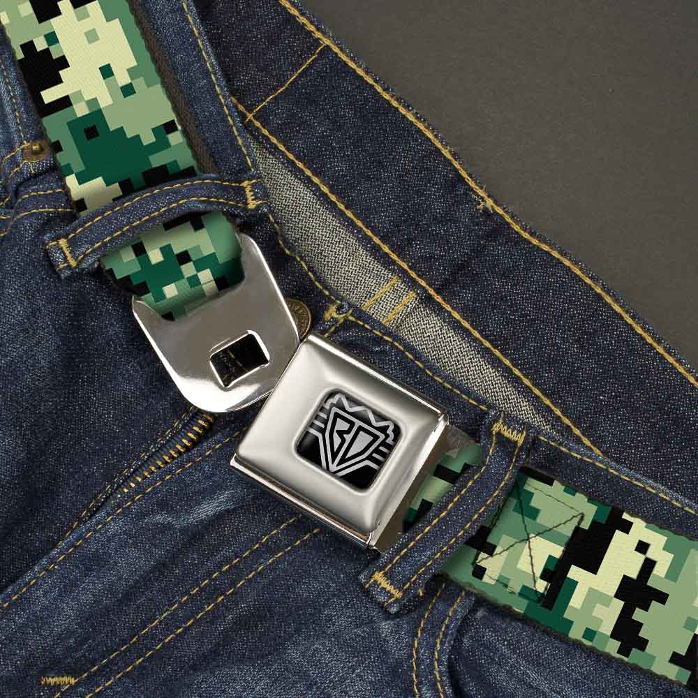 BD Wings Logo CLOSE-UP Full Color Black Silver Seatbelt Belt - Digital Camo Webbing