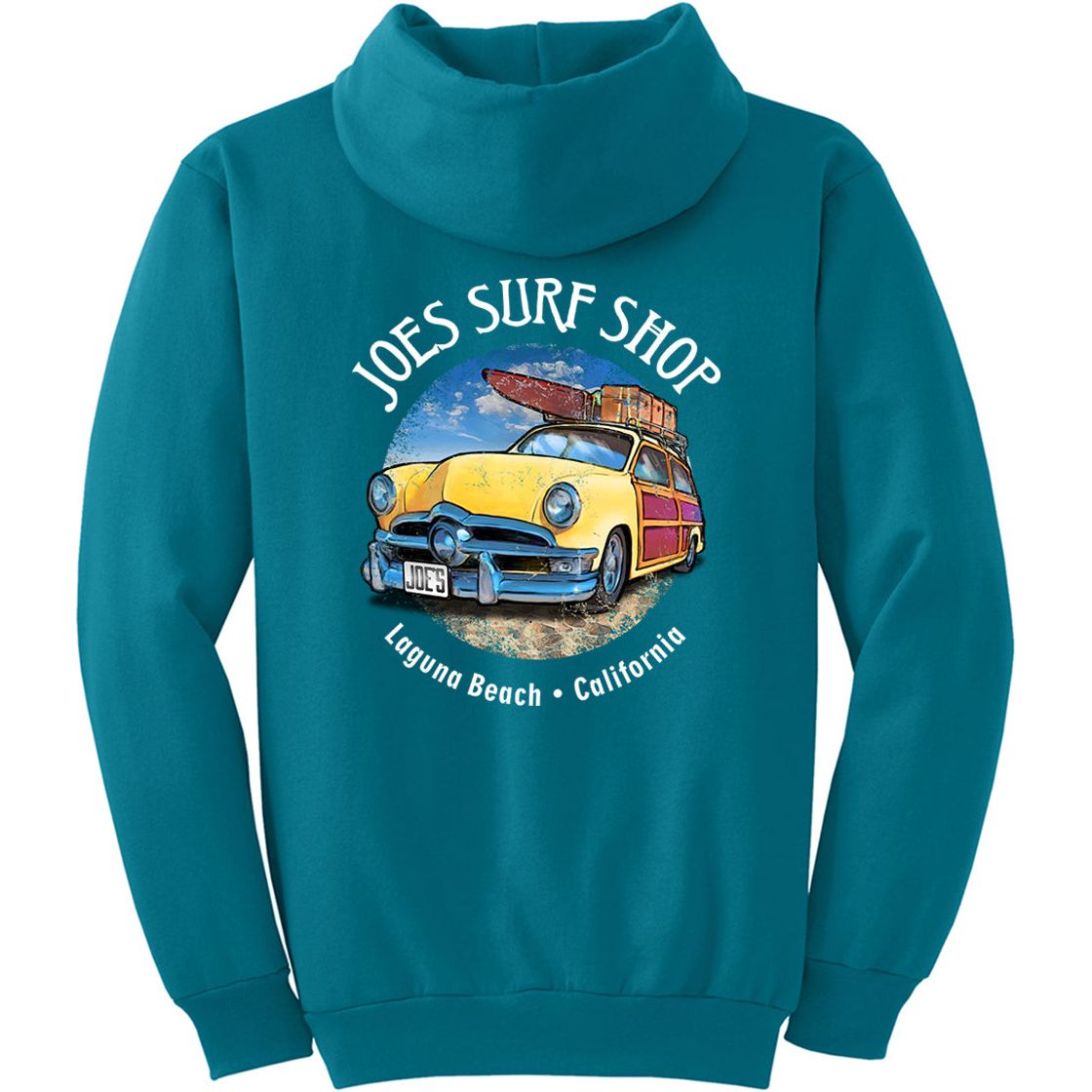 Joe's Surf Shop Yellow Woody with Surfboards Pullover Surf Hoodie