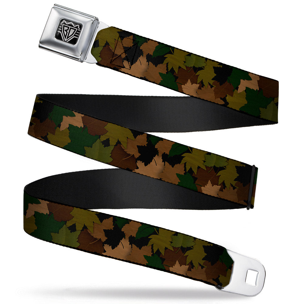 BD Wings Logo CLOSE-UP Full Color Black Silver Seatbelt Belt - Leaf Camo Browns/Greens/Black Webbing