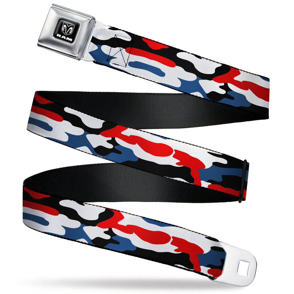 RAM Logo Full Color Black/White Seatbelt Belt - Ram Americana Camo Red/White/Blue/Black Webbing