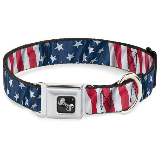 Dog Bone Seatbelt Buckle Collar - American Flag Vertical CLOSE-UP