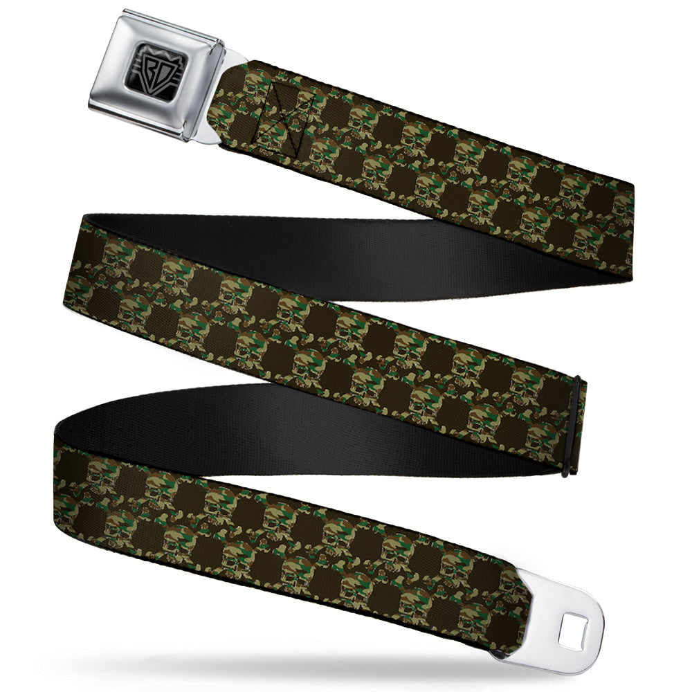 BD Wings Logo CLOSE-UP Full Color Black Silver Seatbelt Belt - Top Skulls Black/Camo Olive Webbing