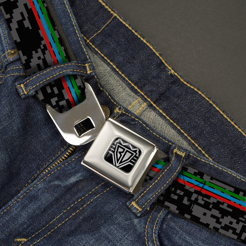 BD Wings Logo CLOSE-UP Full Color Black Silver Seatbelt Belt - Racing Stripes/Digital Camo Black/Gray/Green/Blue/Red Webbing