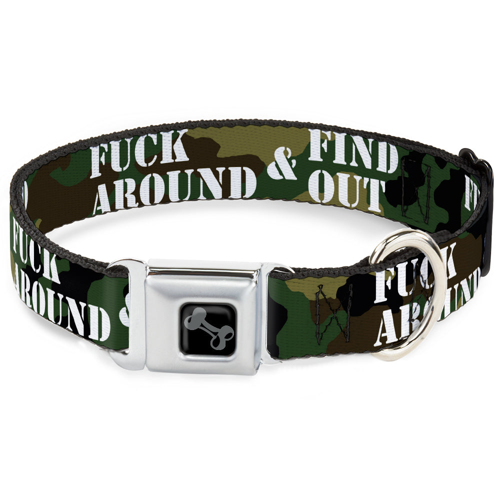 Dog Bone Black/Silver Seatbelt Buckle Collar - FAFO FUCK AROUND & FIND OUT Stencil Camo/White