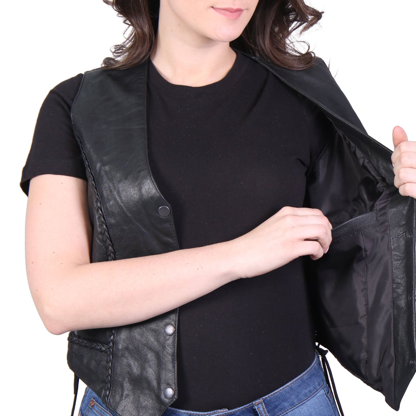 Hot Leathers VSL1006 Ladies Motorcycle Black Leather Braided Biker Vest