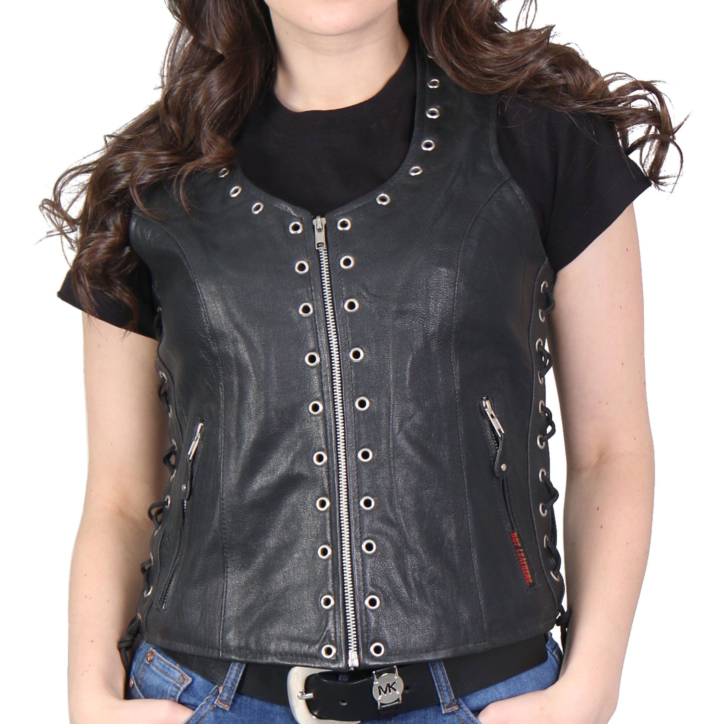 Hot Leathers VSL1009 Ladies Black Lambskin Motorcycle Biker Vest with Grommet Accents