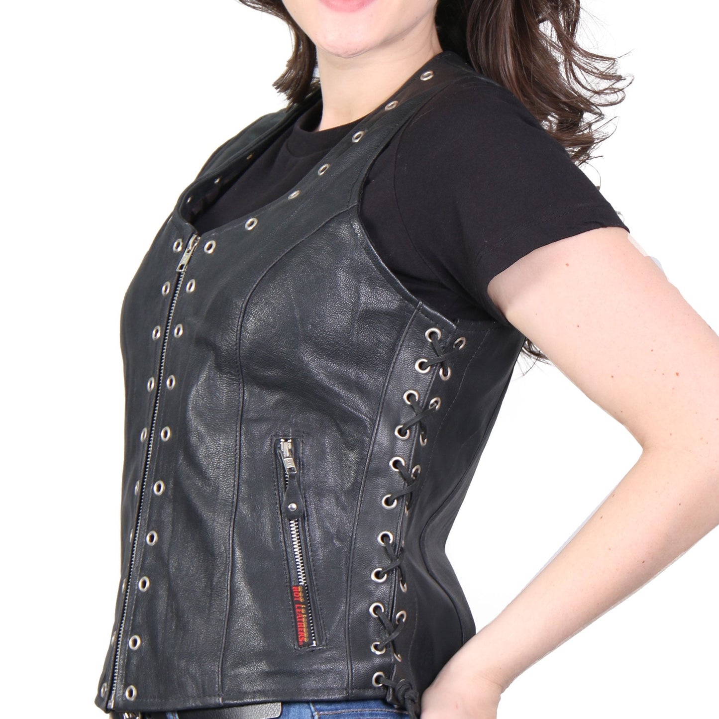 Hot Leathers VSL1009 Ladies Black Lambskin Motorcycle Biker Vest with Grommet Accents