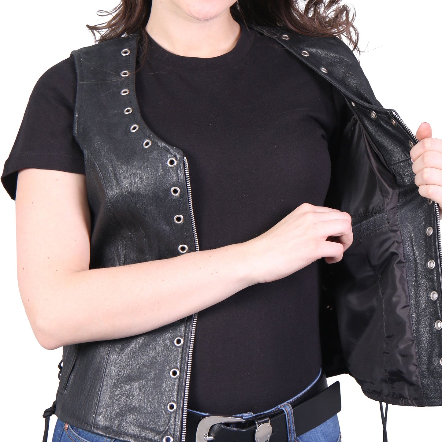 Hot Leathers VSL1009 Ladies Black Lambskin Motorcycle Biker Vest with Grommet Accents