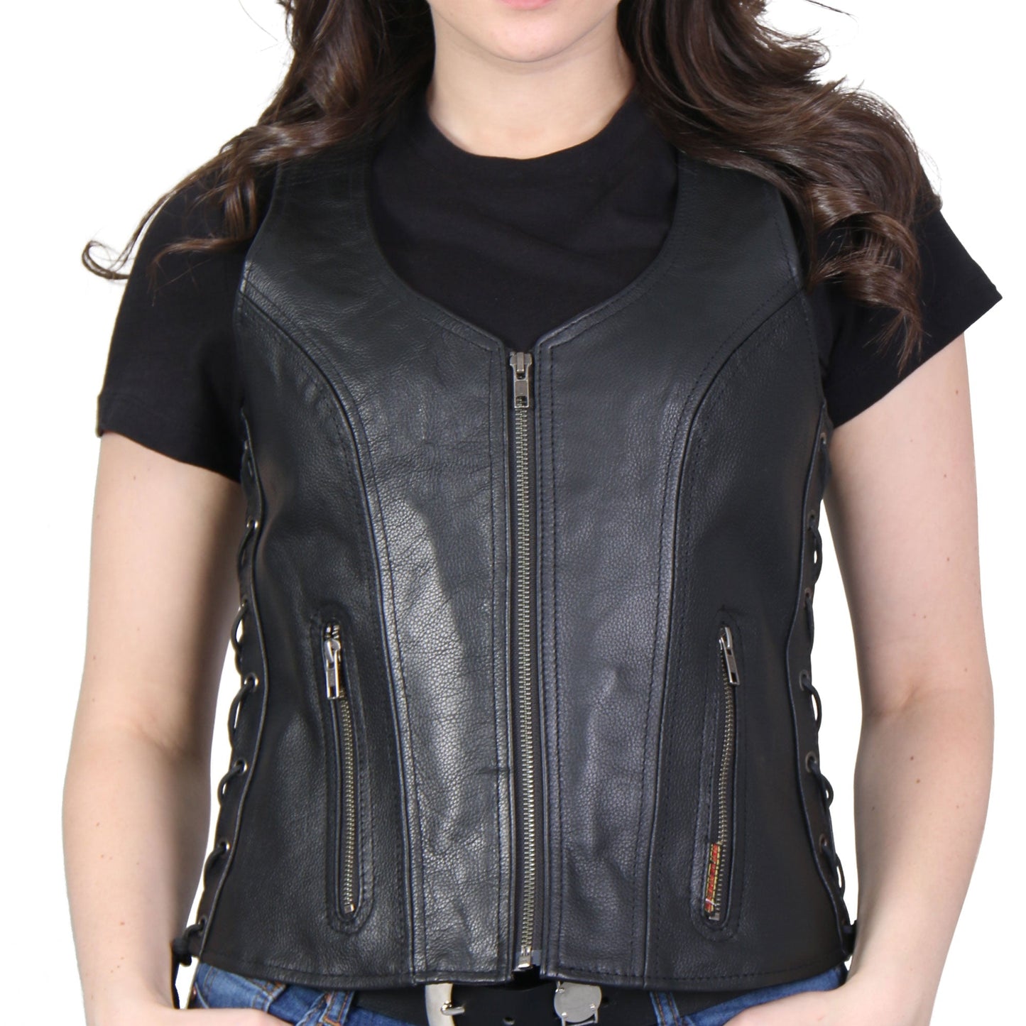 Hot Leathers VSL1013 Ladies motorcycle style Black Leather Side Lace Zip-Up Biker Vest