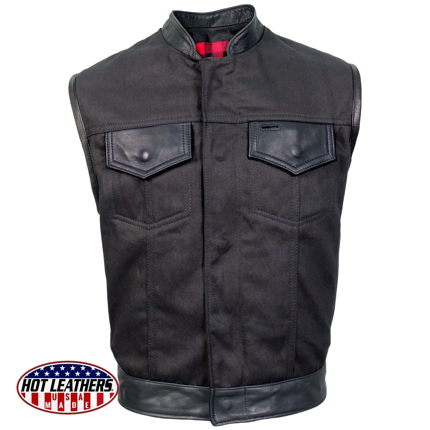 Hot Leathers VSM5101 Men's USA Made Denim and Leather Vest with Red Lining