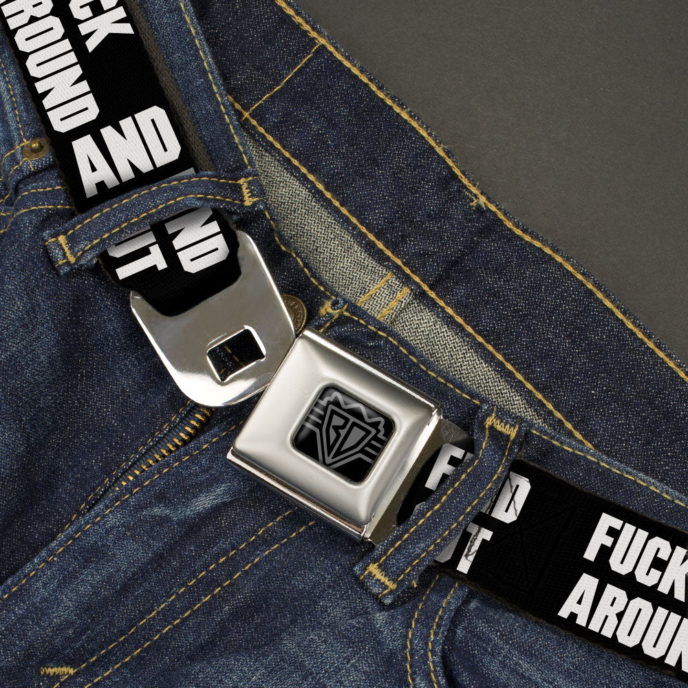 BD Wings Logo CLOSE-UP Black/Silver Seatbelt Belt - FAFO FUCK AROUND AND FIND OUT Bold Black/White Webbing