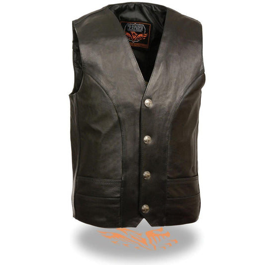 Milwaukee Leather ML1368 Men's Black Naked Leather V-Neck Motorcycle Rider Vest w/ Buffalo Nickel Snaps Closure