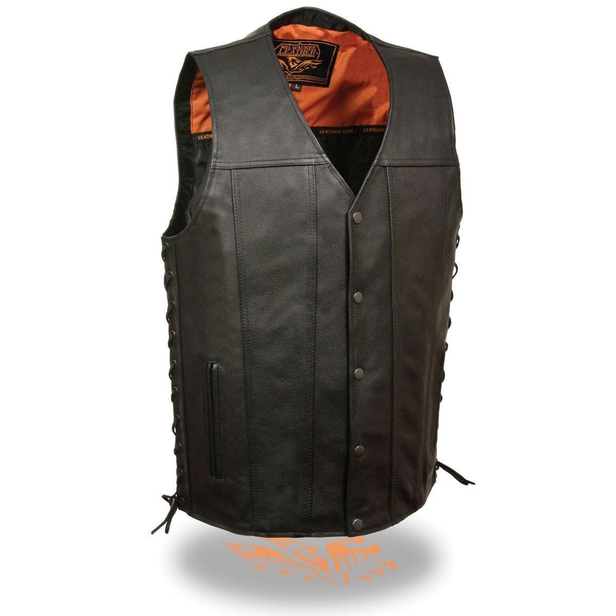 Milwaukee Leather MLM3520 Men's Black Leather Vest - Classic V-Neck Straight Bottom Side Lace Motorcycle Rider Vest