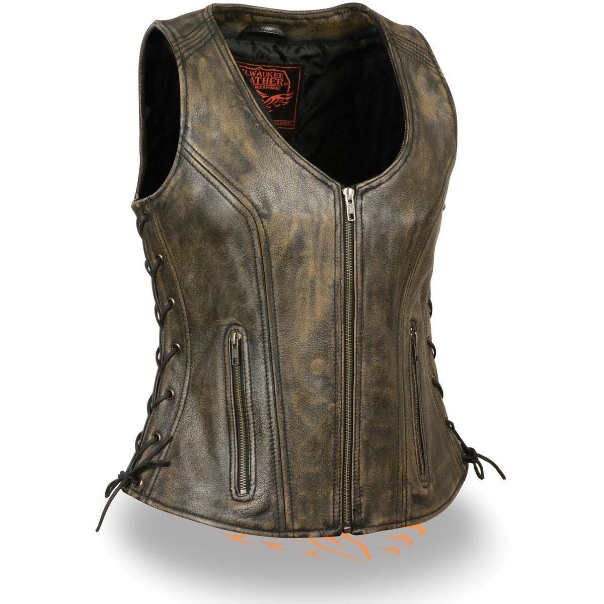 Milwaukee Leather MLL4531 Women's Distress Brown Leather Open V-Neck Motorcycle Rider Vest with Side Lace