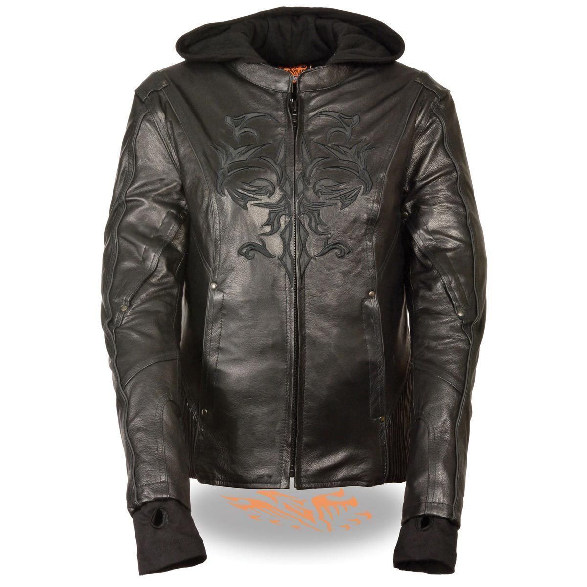 Milwaukee Leather ML2066 Women's 3/4 Black Leather Hoodie Jacket with Reflective Tribal Design