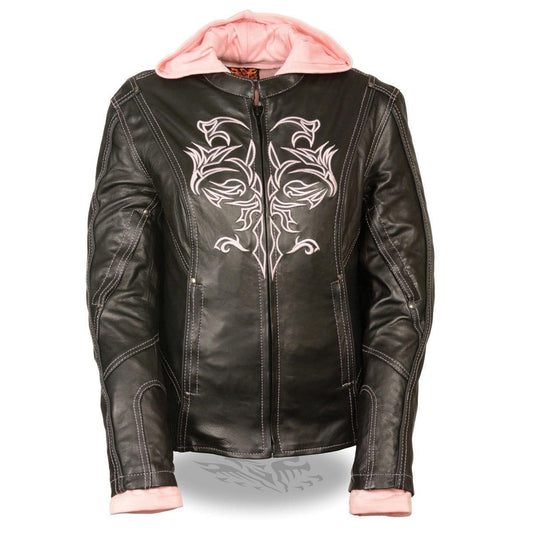 Milwaukee Leather ML2066 Women's 3/4 Black and Pink Leather Hoodie Jacket with Reflective Tribal Design